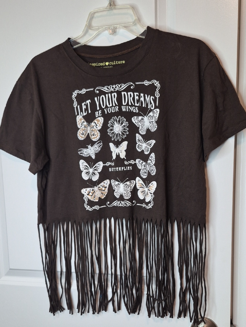 Inspire Women's Brown Fringe Butterfly Tee with White Graphic Size L